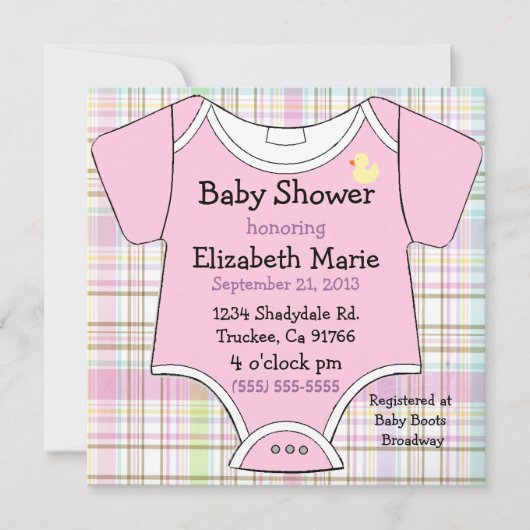 ピンクのベビーの用品類のシャワー 招待状 (正面)