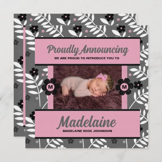 ピンクのベビーの発表フローラとベビー写真 案内状 (正面/裏面)