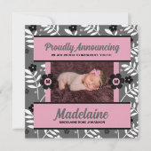 ピンクのベビーの発表フローラとベビー写真 案内状 (正面)