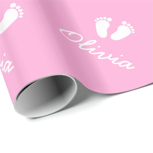 ピンクのベビーの足跡が紙を少女の名前で包む ラッピングペーパー (ロールコーナー)