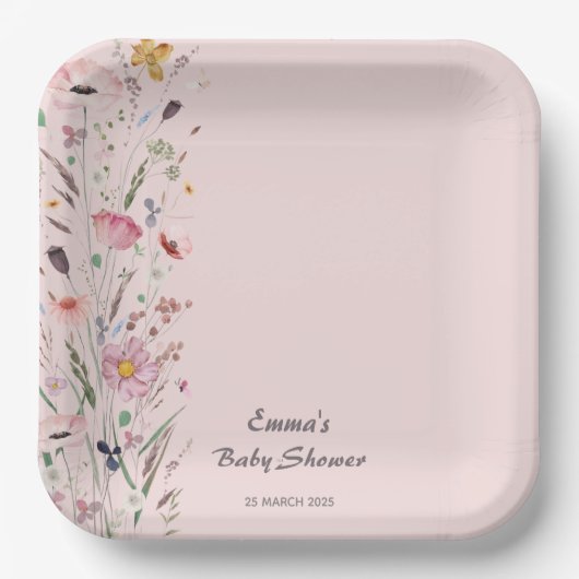 ピンクのベビーの開花ワイルドフラワーベビーシャワー ペーパープレート (正面)