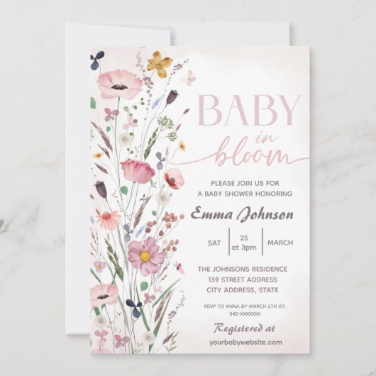 ピンクのベビーの開花ワイルドフラワーベビーシャワー 招待状 (正面)