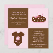 ピンクのベビーの靴と洋服のベビーシャワー 招待状 (正面/裏面)
