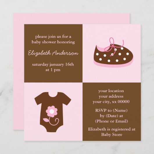 ピンクのベビーの靴と洋服のベビーシャワー 招待状 (正面/裏面)