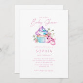 ピンクのベビーの靴、カップケーキと花ベビーシャワー 招待状 (正面/裏面)