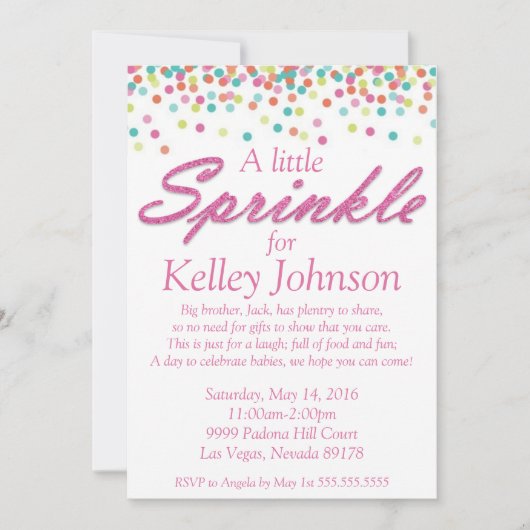 ピンクのベビーはシャワーの招待を振りかけます 招待状 (正面)