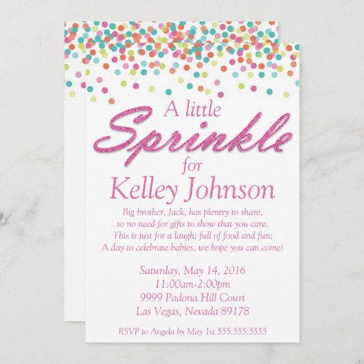 ピンクのベビーはシャワーの招待を振りかけます 招待状 (正面/裏面)