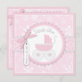 ピンクのベビーカーと雪の結晶の感謝カード 招待状 (正面/裏面)