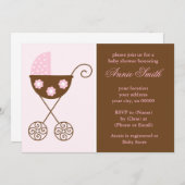 ピンクのベビーカーの女の子のベビーシャワー 招待状 (正面/裏面)