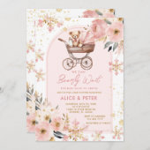 ピンクのベビーカーの女の子Bearly待ち赤ちゃんシャワー 招待状 (正面/裏面)