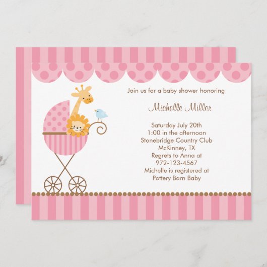 ピンクのベビーカー招待状 招待状 (正面/裏面)