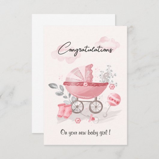 ピンクのベビーカー 赤ちゃんの女の子 おめでとうカード (正面/裏面)