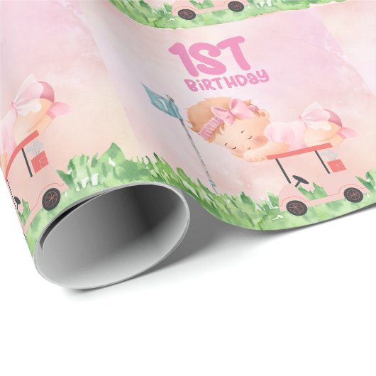 ピンクのベビーガールのためのゴルフ1st誕生日 ラッピングペーパー (ロールコーナー)