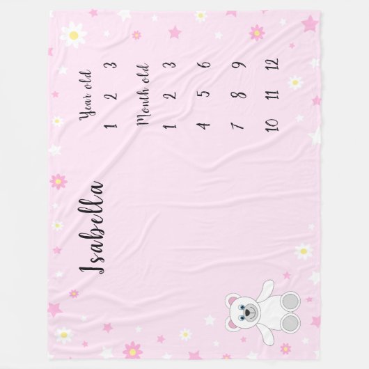 ピンクのベビーガールのマイルストーン フリースブランケット (正面)