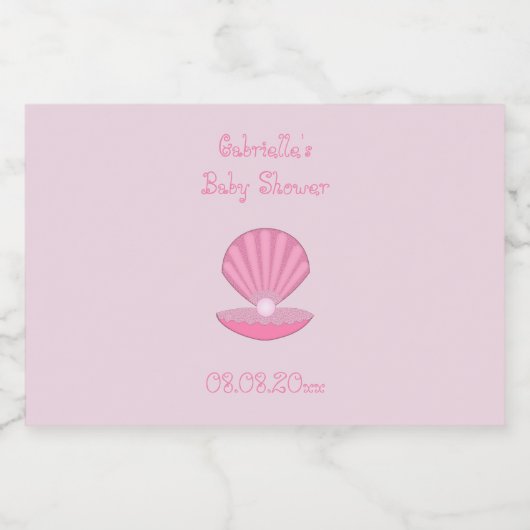 ピンクのベビーガールオイスターシェルと真珠のベビーシャワー リキュールボトルラベル (シングルラベル)
