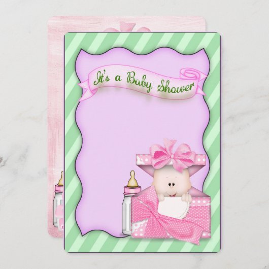 ピンクのベビーガールシャワー 招待状 (正面/裏面)