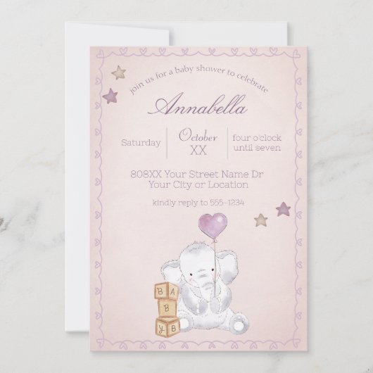 ピンクのベビーガールゾウとバルーンウォーターの色オン 招待状 (正面)