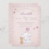 ピンクのベビーガールゾウとバルーンウォーターの色オン 招待状 (正面/裏面)