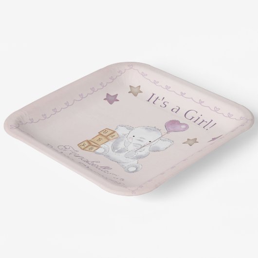 ピンクのベビーガールゾウとバルーンウォーターの色 ペーパープレート (傾斜あり)