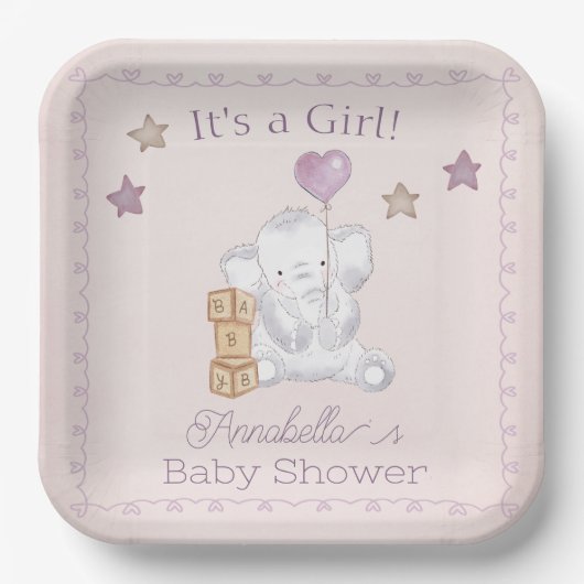 ピンクのベビーガールゾウとバルーンウォーターの色 ペーパープレート (正面)