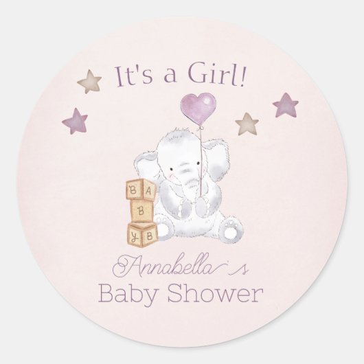 ピンクのベビーガールゾウとバルーンウォーターの色 ラウンドシール (正面)