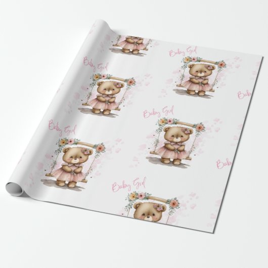 ピンクのベビーガールテディベア赤ちゃんシャワー ラッピングペーパー (アンロールド)