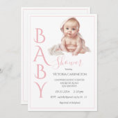 ピンクのベビーガールベビーシャワー 招待状 (正面/裏面)