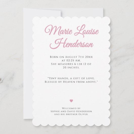 ピンクのベビーガール写真誕生のお知らせカード 案内状 (裏面)