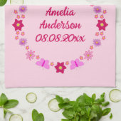 ピンクのベビーガール蝶と花カスタムの キッチンタオル (折り畳み)