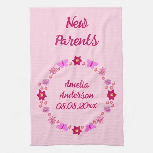 ピンクのベビーガール蝶と花カスタムの キッチンタオル (縦)