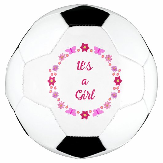 ピンクのベビーガール蝶と花カスタムの サッカーボール (正面)