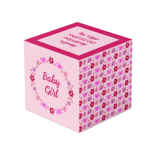 ピンクのベビーガール蝶と花カスタムの フォトキューブ (裏面アングル)