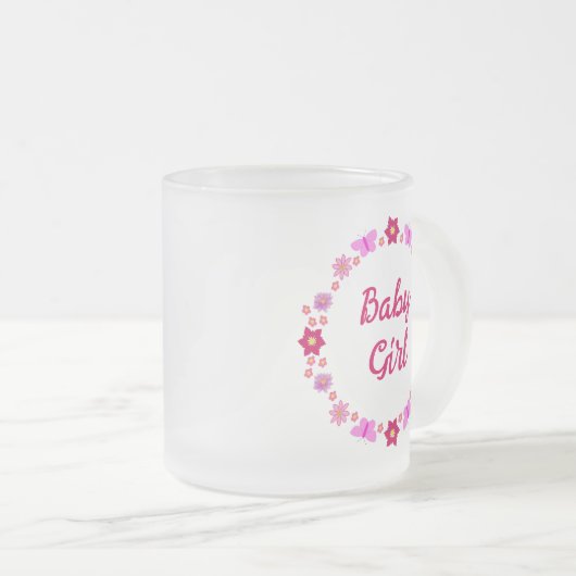 ピンクのベビーガール蝶と花カスタムの フロストグラスマグカップ (正面右)