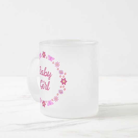 ピンクのベビーガール蝶と花カスタムの フロストグラスマグカップ (正面左)