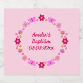 ピンクのベビーガール蝶と花バプテスマ リキュールボトルラベル (シングルラベル)