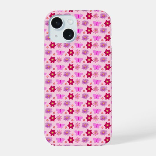 ピンクのベビーガール蝶と花パターン（の模様が）ある iPhone 15ケース (裏面)