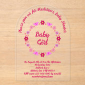 ピンクのベビーガール蝶と花ベビーシャワー アクリル招待状 (正面)