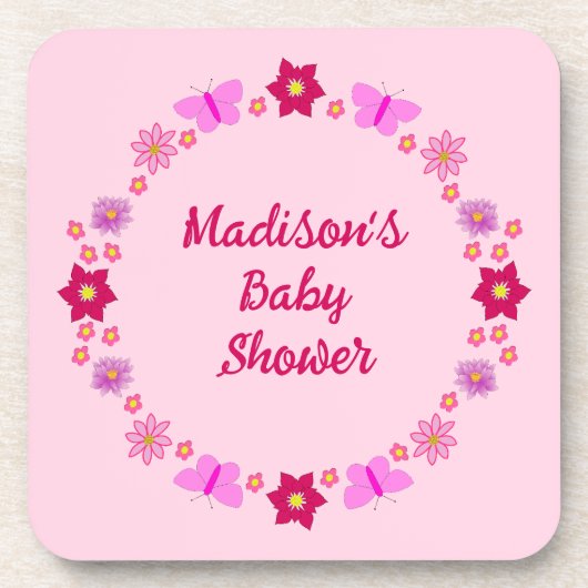 ピンクのベビーガール蝶と花ベビーシャワー コースター (正面)