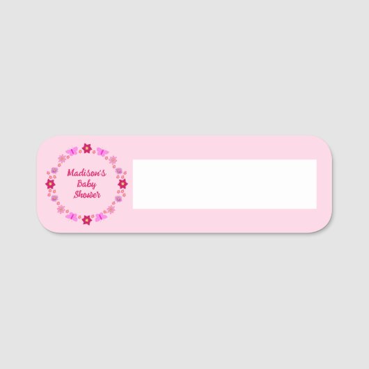 ピンクのベビーガール蝶と花ベビーシャワー 名札 (正面)
