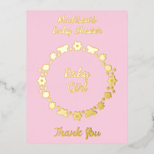 ピンクのベビーガール蝶と花ベビーシャワー 箔シーズンポストカード