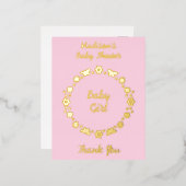 ピンクのベビーガール蝶と花ベビーシャワー 箔シーズンポストカード (正面/裏面)