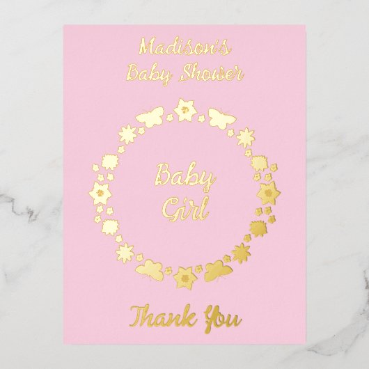 ピンクのベビーガール蝶と花ベビーシャワー 箔シーズンポストカード (正面)