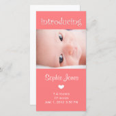 ピンクのベビーガール誕生コメントの写真カード 案内状 (正面/裏面)