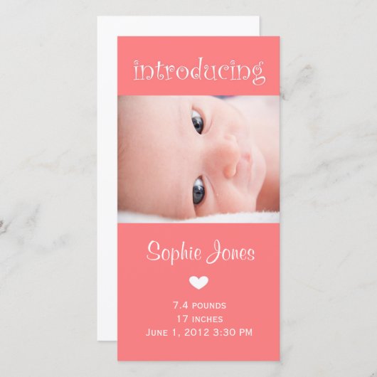 ピンクのベビーガール誕生コメントの写真カード 案内状 (正面/裏面)