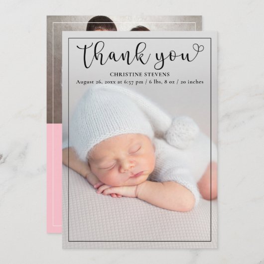 ピンクのベビーガール2写真誕生のお知らせ シーズンカード (正面/裏面)