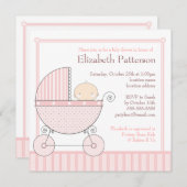 ピンクのベビーガール キャリッジ ベビーシャワー 招待状 (正面/裏面)