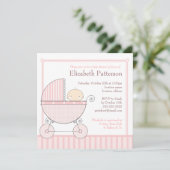 ピンクのベビーガール キャリッジ ベビーシャワー 招待状 (スタンド正面)