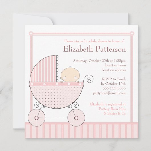 ピンクのベビーガール キャリッジ ベビーシャワー 招待状 (正面)