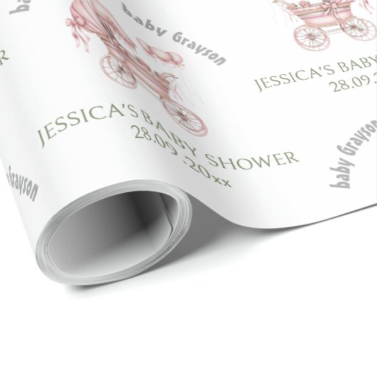 ピンクのベビーキャリッジパーソナライズされたベビーシャワー ラッピングペーパー (ロールコーナー)