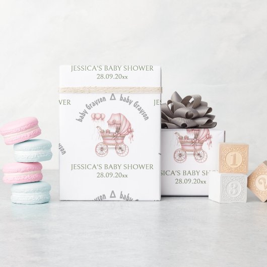 ピンクのベビーキャリッジパーソナライズされたベビーシャワー ラッピングペーパー